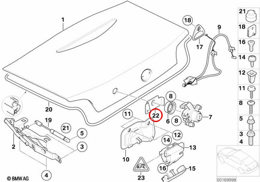 Rear trunk lid latch striker OEM 51247136777 for BMW 5 Series E60 and Z4 E85. Original BMW.
