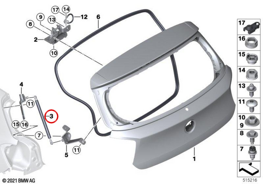 Mola de pressão de gás da tampa do porta-malas OEM 51247239871 para BMW F20, F21, F20 LCI, F21 LCI. BMW genuíno.