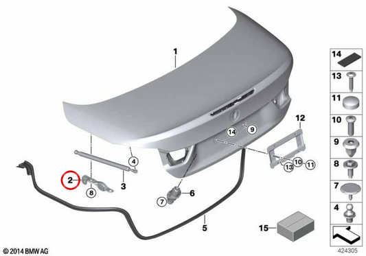 Soporte de bisagra del maletero izquierdo OEM 51247374489 para BMW F33, F83. Original BMW.