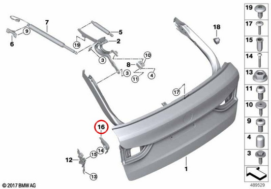 Linker Heckklappenanschlag OEM 51247390423 für BMW 5er G31 Touring und G31 Touring LCI. Original BMW