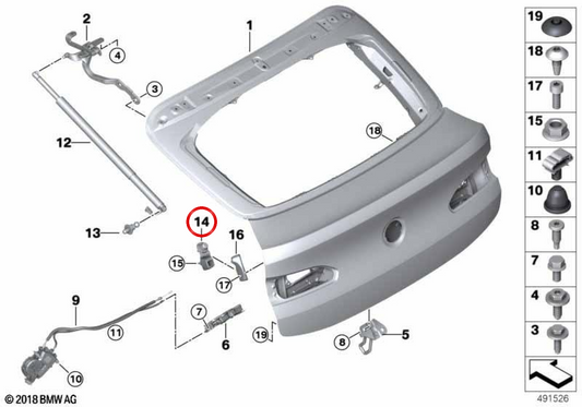 Soporte de anclaje izquierdo para portón trasero OEM 51247458091 para BMW G02, F98. Original BMW.
