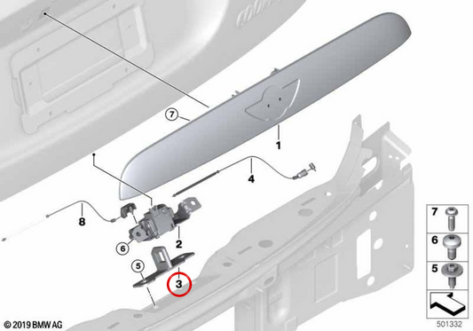 Estribo de cierre del portón trasero OEM 51249854222 para MINI F55, F56, F66, F65, J01 Cooper, J05 Aceman... y más. Original MINI