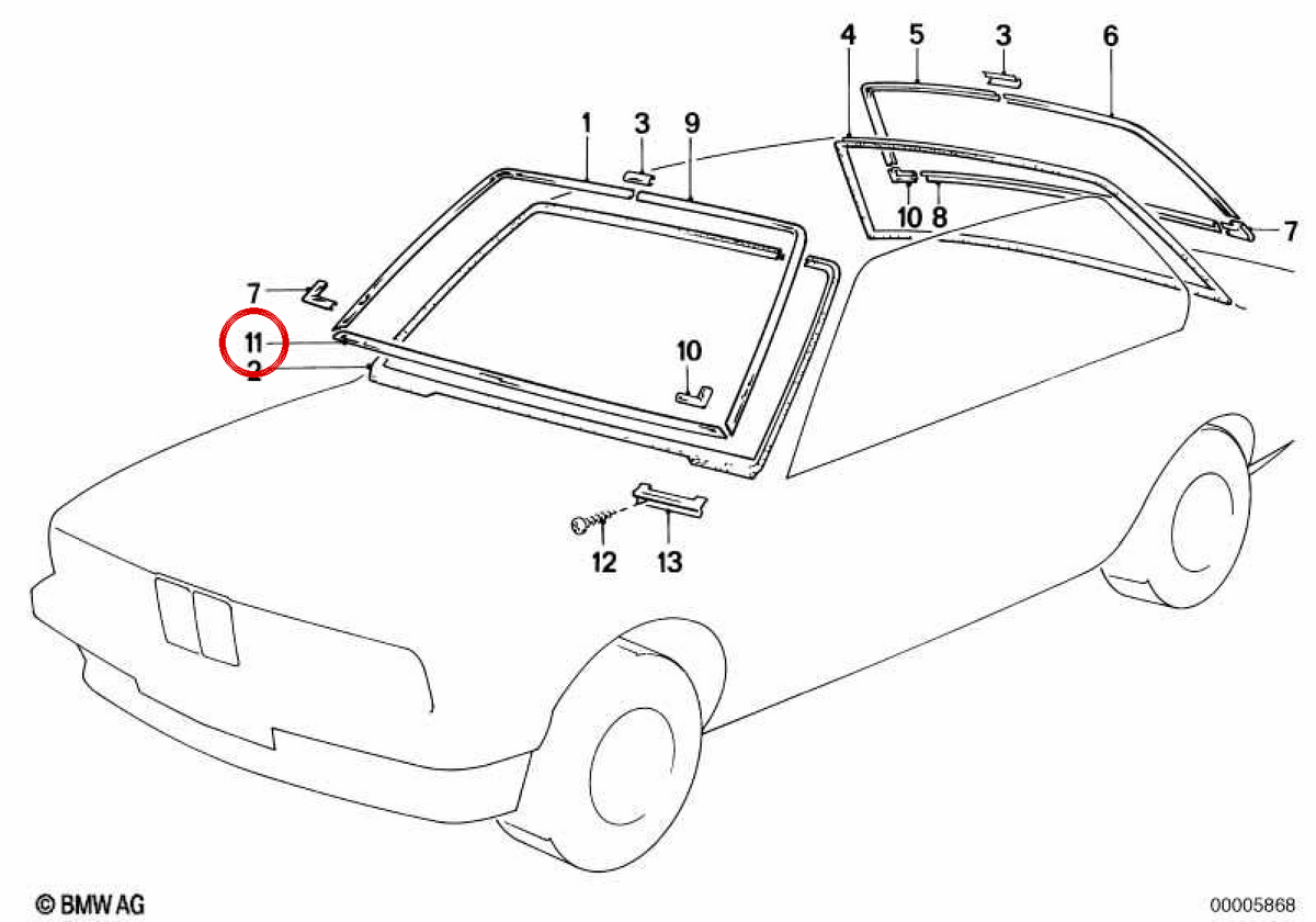 Marco inferior de ventanilla OEM 51311854021 para BMW E23. Original BMW.