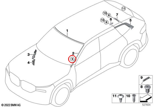Clip Embelector Fixing Parabrisas OEM 51315A05705 for BMW G09. Original BMW.