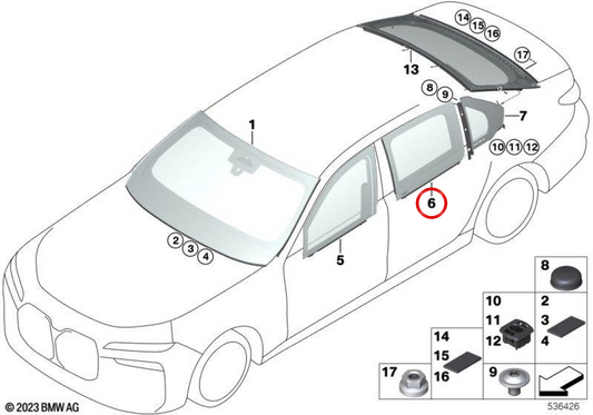 Vetro laterale porta posteriore sinistra OEM 51315A35407 per BMW Serie 7 G73. BMW originale.