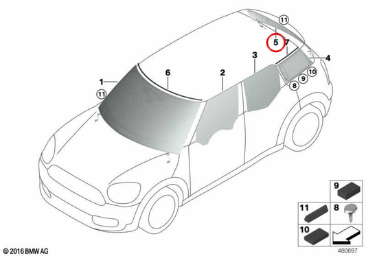 Cristal arrière OEM 51317389423 pour MINI Countryman F60, Countryman F60 LCI Cooper... et plus. Original MINI.