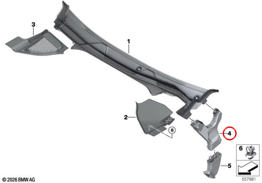 Rechter oberer Wasserabflusskanal OEM 51317411522 für BMW G01, G08, F97, G02, F98. Original BMW.