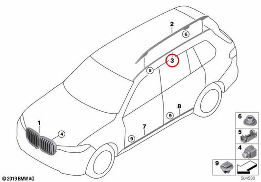 Moldura do acabamento do teto direito OEM 51317449650 para BMW G07. BMW genuíno.