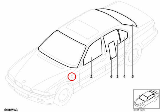Pára-brisa verde com faixa de proteção solar verde OEM 51318207860 para BMW E38. BMW genuíno.