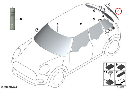 Lunette arrière latérale gauche verte OEM 51318492743 pour MINI Clubman F54, F54 LCI… et plus. Original MINI.