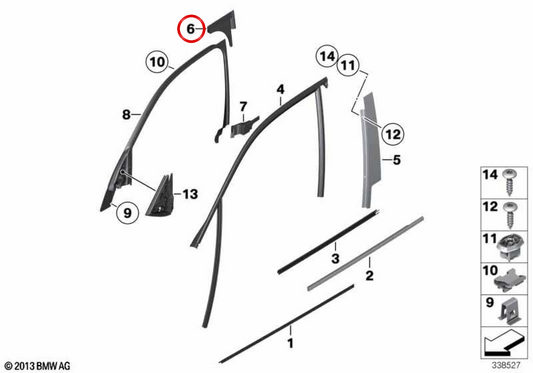Junta embellecedora pilar B derecho OEM 51332990558 para BMW E84. Original BMW.