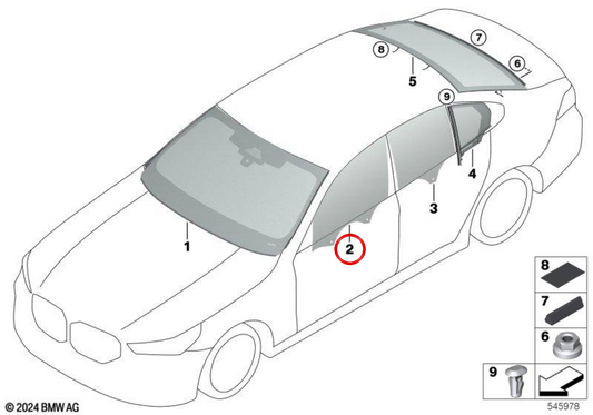 Porte d'entrée en verre latéral OEM 51335A08A87 pour BMW G60, G61, G68, G90. BMW d'origine.
