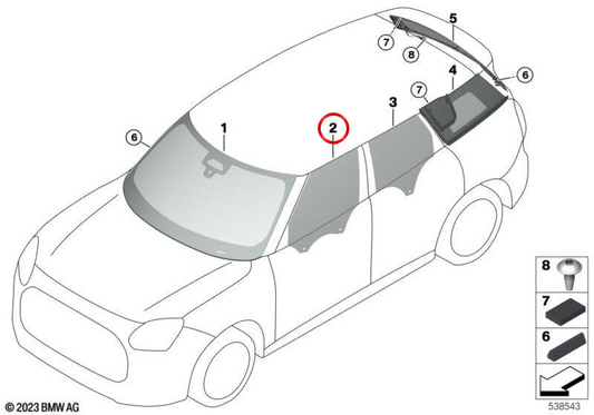 Cristal latéral avant gauche OEM 51335A17F53 pour MINI Countryman U25, Countryman C, D, E, One… et plus. Original MINI