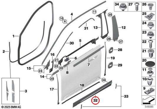 Moldura puerta delantera derecha OEM 51335A3D564 para BMW iX (I20). Original BMW.