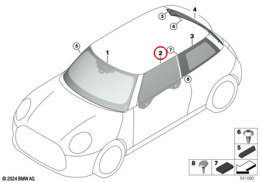 Seitenglas linke Vordertür OEM 51335A44BA3 für BMW F66. Original BMW.