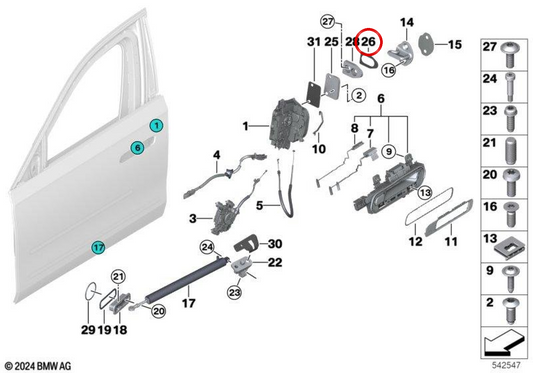 OEM 51335A801D2 Keildichtung für Türschloss vorne BMW 7er G73 (11/2021 - 02/2025). Original BMW.