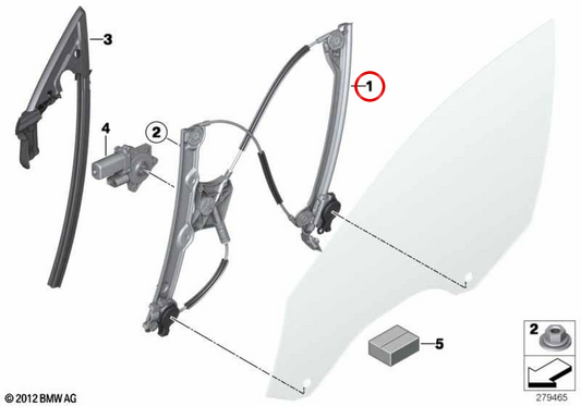 Elevador de janela sem motor dianteiro esquerdo OEM 51337268797 para BMW F06, F12, F13. BMW genuíno.