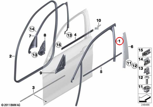 Guia da janela da porta dianteira esquerda OEM 51337376385 para BMW F20, F21. BMW genuíno.