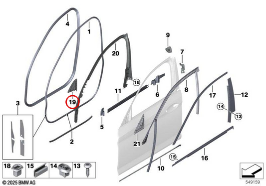 Copertura triangolare dello specchio interno sinistro per la BMW 5 G30N, G30N, G31, G31N, G38, G38N (OEM 51337384933). BMW originale.