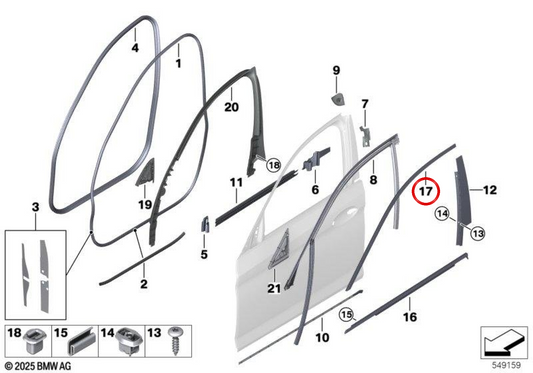 Moldura de marco de ventana puerta delantera derecha OEM 51337390108 para BMW F90, G30, G31. Original BMW.