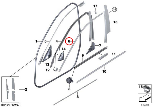 Obere Form des linken Vordertürfensters OEM 51337392173 für BMW F10, F11, F18. Original BMW.
