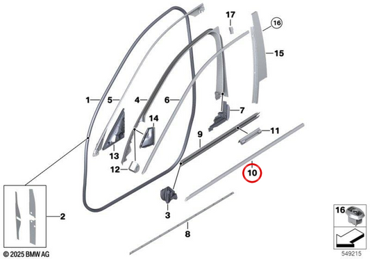 Cubre moldura exterior puerta delantera derecha OEM 51337392178 para BMW F10, F18. Original BMW.