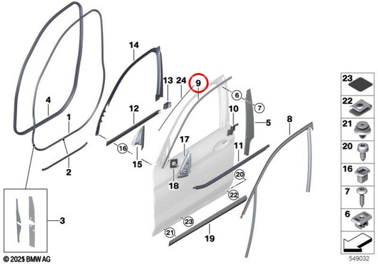 Finestra della porta anteriore sinistra abbellita per BMW X3 G01, G08 (OEM 51337393421). BMW originale