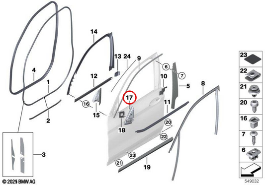 Junta exterior del triángulo del retrovisor izquierdo OEM 51337409741 para BMW G01, G08, F97. Original BMW.