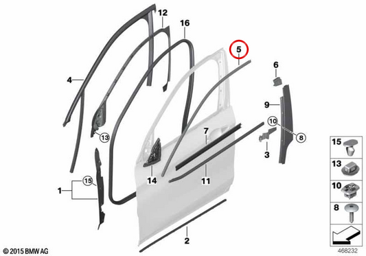Moldura marco de ventana puerta delantera izquierda OEM 51337410385 para BMW F48, F49. Original BMW.