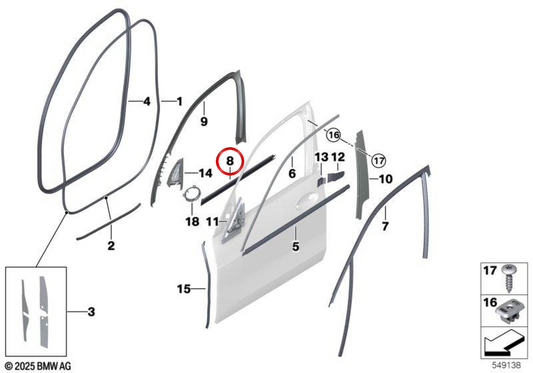 Vedação interna da porta dianteira esquerda OEM 51337428675 para BMW G05, F95, G07. BMW genuíno.