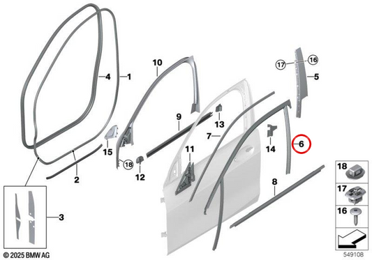 Guía de cristal puerta delantera izquierda OEM 51337452347 para BMW F40, F70. Original BMW.