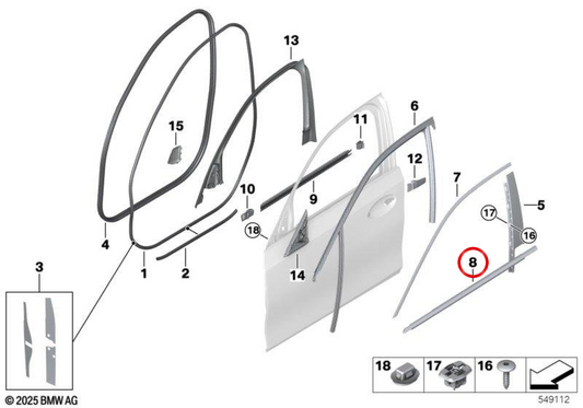 Tampa externa do molde da porta dianteira direita OEM 51337465150 para BMW G20, G21, G28, G80, G81. BMW genuíno.
