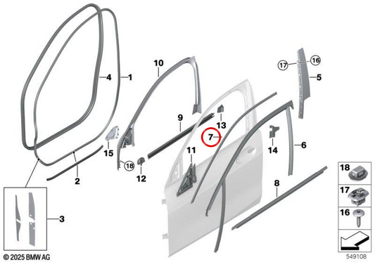 Form des linken Vordertürfensters OEM 51337473993 für BMW F40, F70. Original BMW.