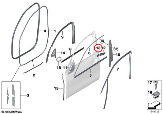 Junta da fechadura da porta dianteira esquerda OEM 51337476325 para BMW G05, G18, F95, G07. BMW genuíno.