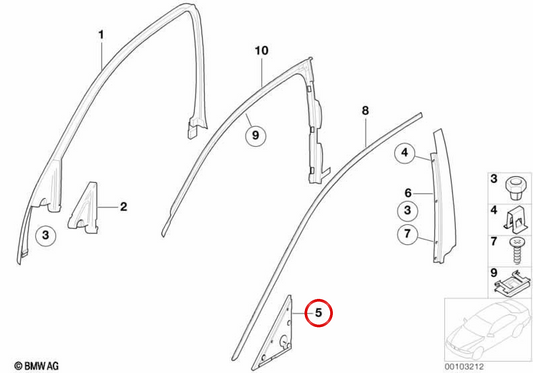 Junta externa do triângulo do espelho retrovisor esquerdo OEM 51338223837 para BMW E65, E66. BMW genuíno.