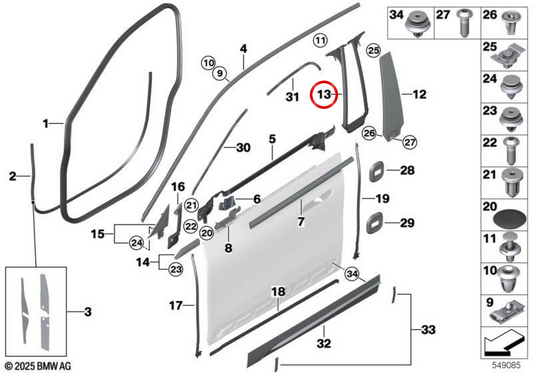 Junta embellecedora pilar B izquierda OEM 51338491331 para BMW E46. Original BMW.