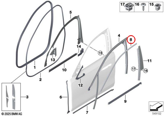 Moldura da moldura da janela da porta dianteira esquerda OEM 51339447485 para BMW G70. BMW genuíno.