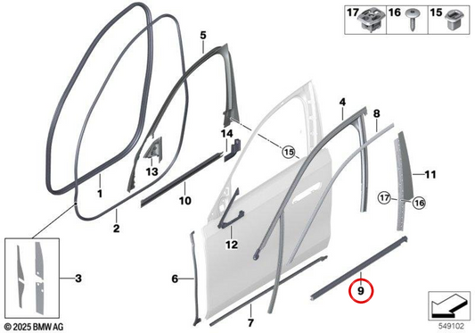 Tampa externa da moldura da porta dianteira direita OEM 51339447506 para BMW G70. BMW genuíno.
