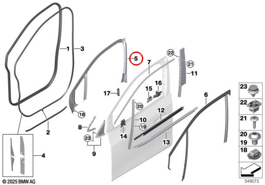 Cubierta del marco de la ventana puerta delantera izquierda OEM 51339490363 para BMW U06. Original BMW.