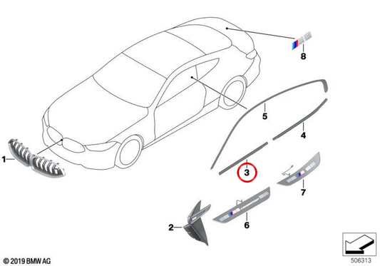 Moulage extérieur OEM de porte d'entrée gauche 51339500757 pour BMW F93. BMW d'origine.