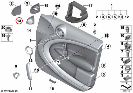 Copertura vano triangolo riflettente sinistro OEM 51339803531 per MINI Countryman R60 (2010-2016). MINI originale.