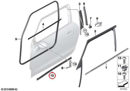 Guarnizione porta anteriore inferiore destra OEM 51339808776 per MINI Paceman R61. MINI originale.