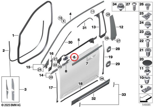 Sellado de ventanilla delantera izquierda OEM 51339880251 para BMW iX (I20). Original BMW.