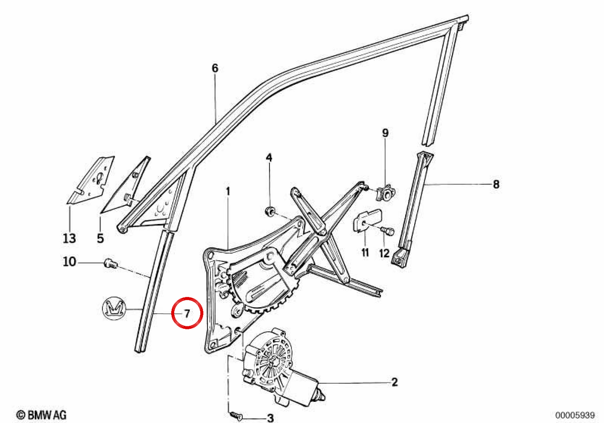 OEM window guide 51341938062 for BMW E34, E32. Original BMW.