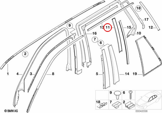 Finestra di modanatura interna a destra OEM 51347078478 per BMW E39. BMW originale.