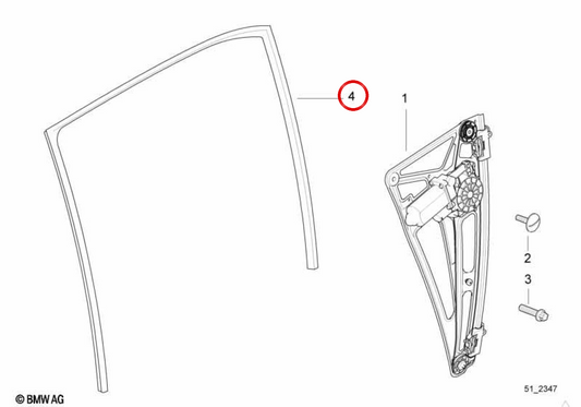 Guía de cristal trasera derecha OEM 51348150404 para BMW E38. Original BMW.