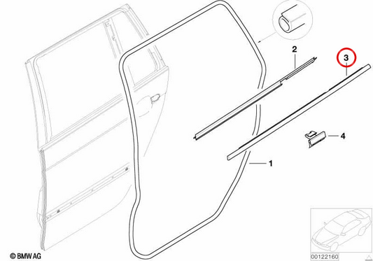 Linke äußere Abdeckung (Fensterrahmen) OEM 51348194773 für BMW E46. Original BMW.