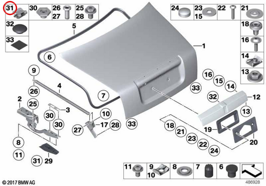 Front door panel spring clip OEM 51353448469 for BMW X1 E84, X3 E83, Z4 E89, i8 I15 and MINI Countryman R60, Paceman R61. Original BMW and MINI