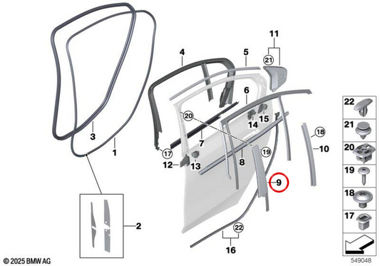 Moldura do pilar B da porta traseira esquerda OEM 51355A058C5 para BMW G60, G61, G68, G90. BMW genuíno.