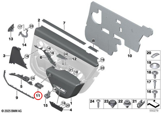 Porta sinistra in abbigliamento interno con OEM 51355A0C0B1 BLTA per BMW G70. BMW originale.